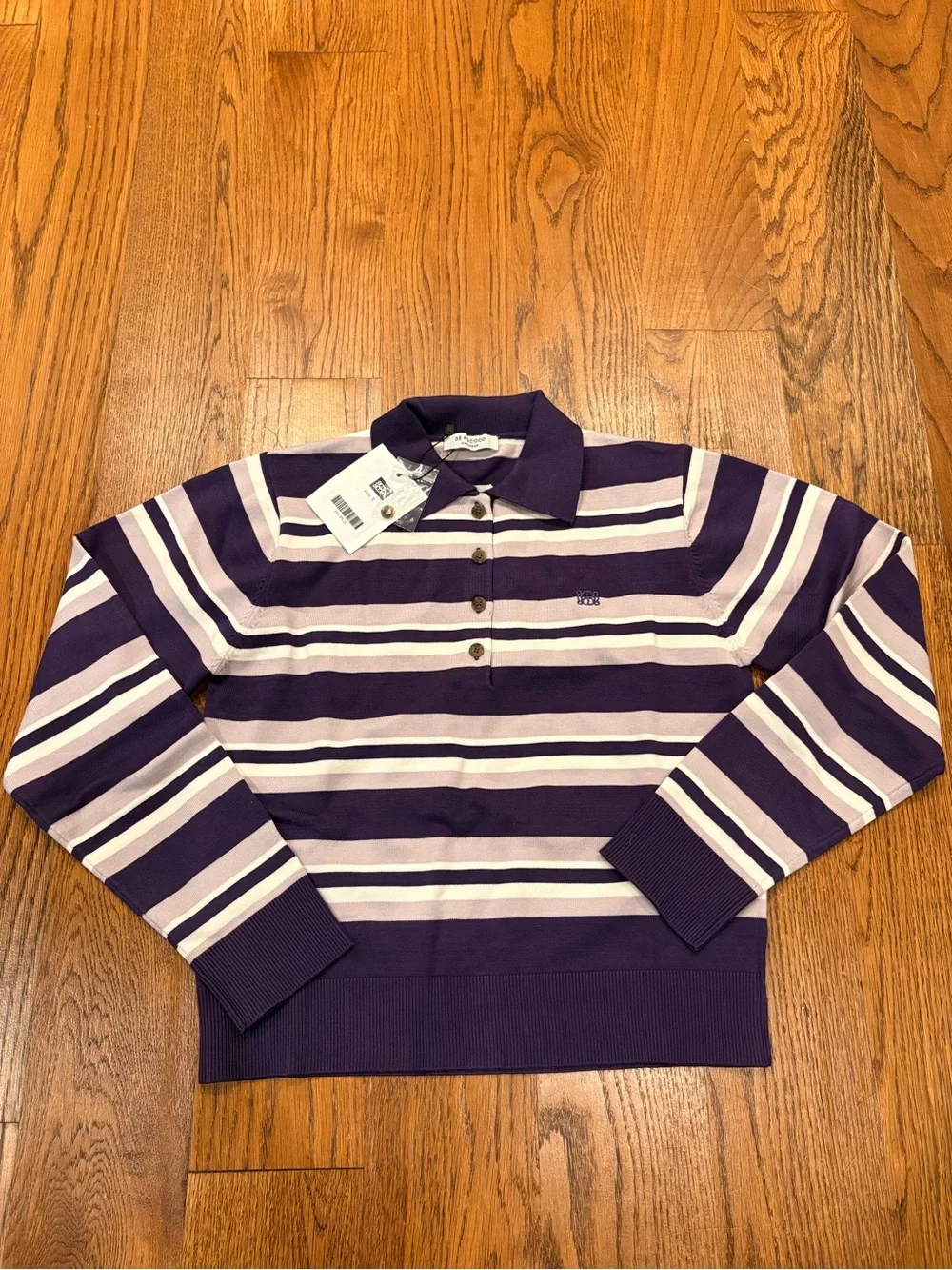 De Rococo Striped Purple and White Knit Polo Sweater
